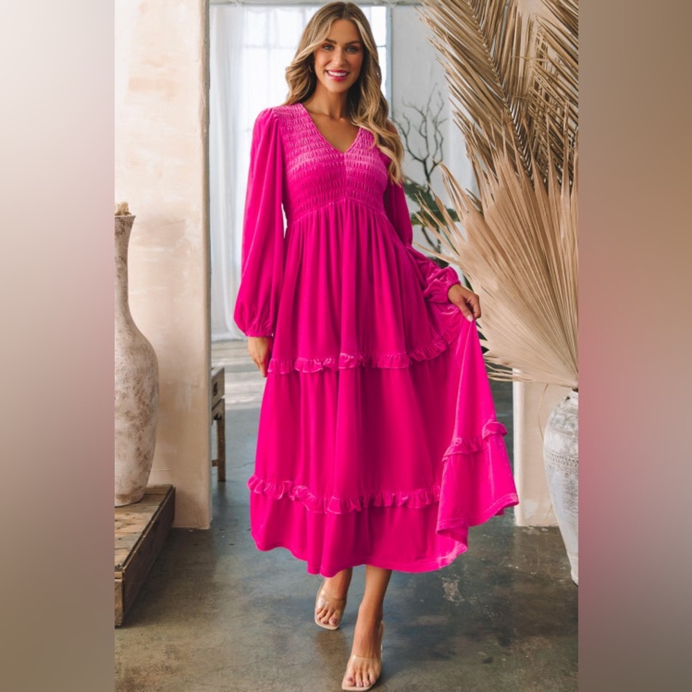 Rose Red Shirred V Neck Long Sleeve Velvet Dress